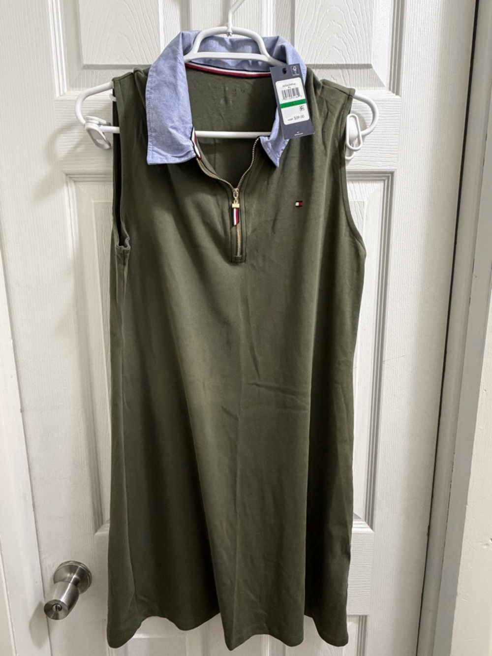 Tommy Hilfiger Olive Green Sleeveless Polo Dress with Light Blue Collar